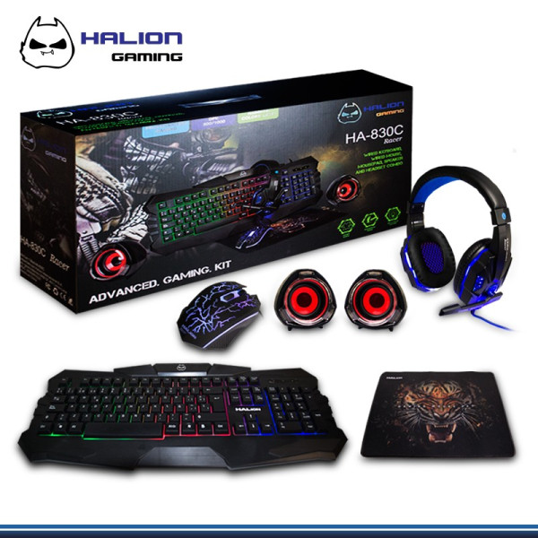 KIT GAMER HALION RACER  5 EN 1 TECLADO+MOUSE+AUDIFONO+PAD+PARLANTE  HA-830C