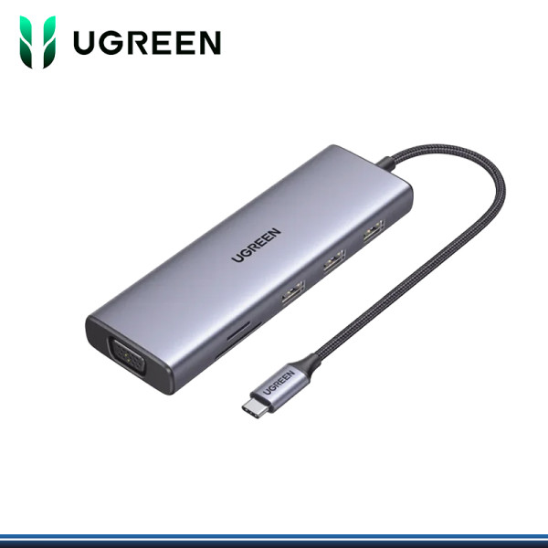 ADAPTADOR HUB UGREEN 9 EN 1 TIPO C ALUMINIO 1 VGA 60HZ/1 HDMI/3 USB 3.0/1 RJ45/1 USB-C/1 PD/1 TARJETA TF/SD (PN:15600)