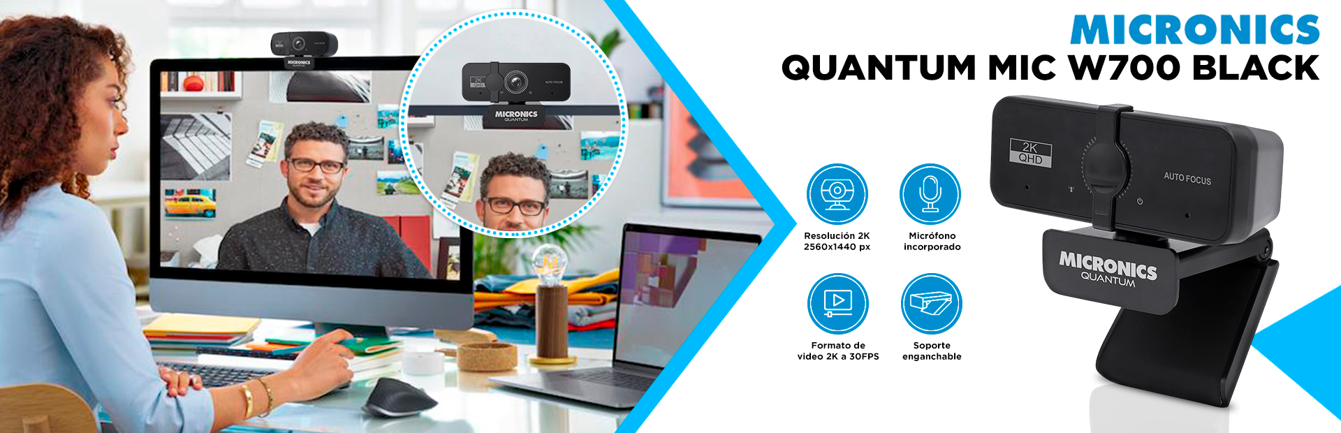 WEBCAM MICRONICS QUANTUM MIC W700 BLACK QHD 2K CONEXION USB + TRIPODE GRUPO C&C