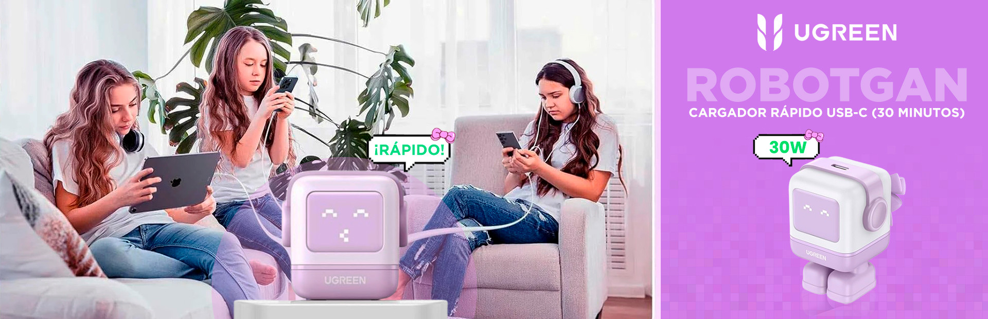 CARGADOR RAPIDO INTELIGENTE ROBOTGAN PURPURA USB-C GRUPO C&C